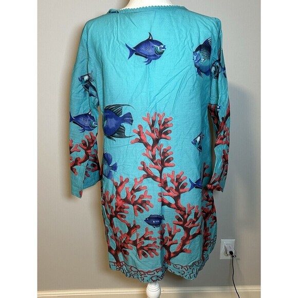 Soft Surroundings Seychelles Ocean Fish Print Pleated Beaded Tunic Top Size PL - Picture 3 of 9